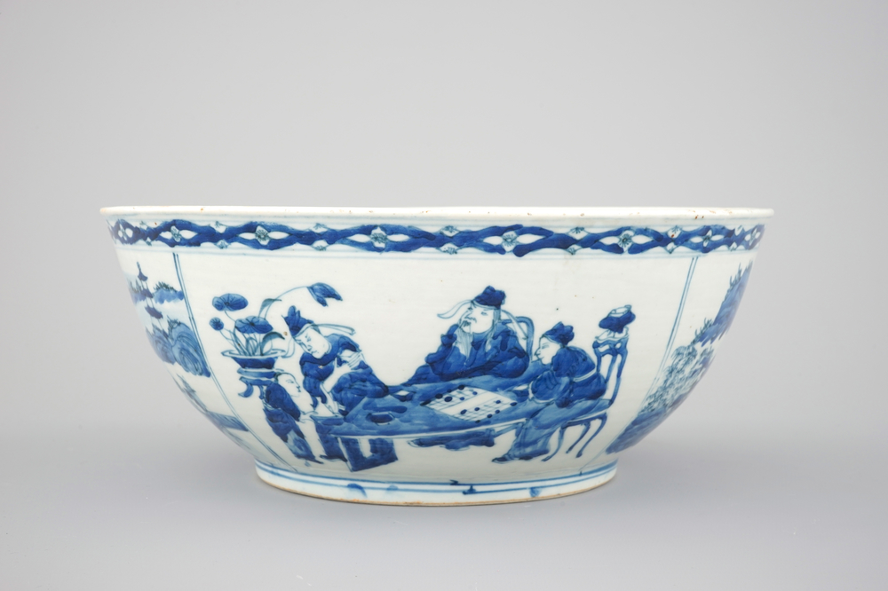 A large blue and white Chinese porcelain bowl with go players, Xuantong mark and probably of the period (1908-1912)