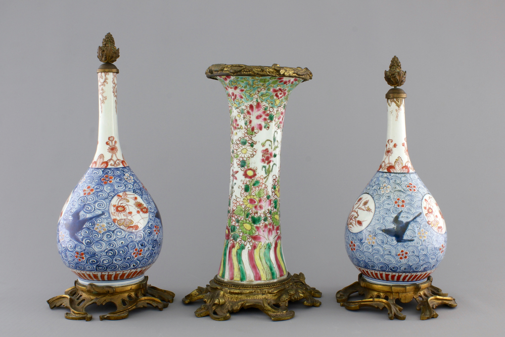 Three Chinese vases with gilt bronze mounts, 18th C.