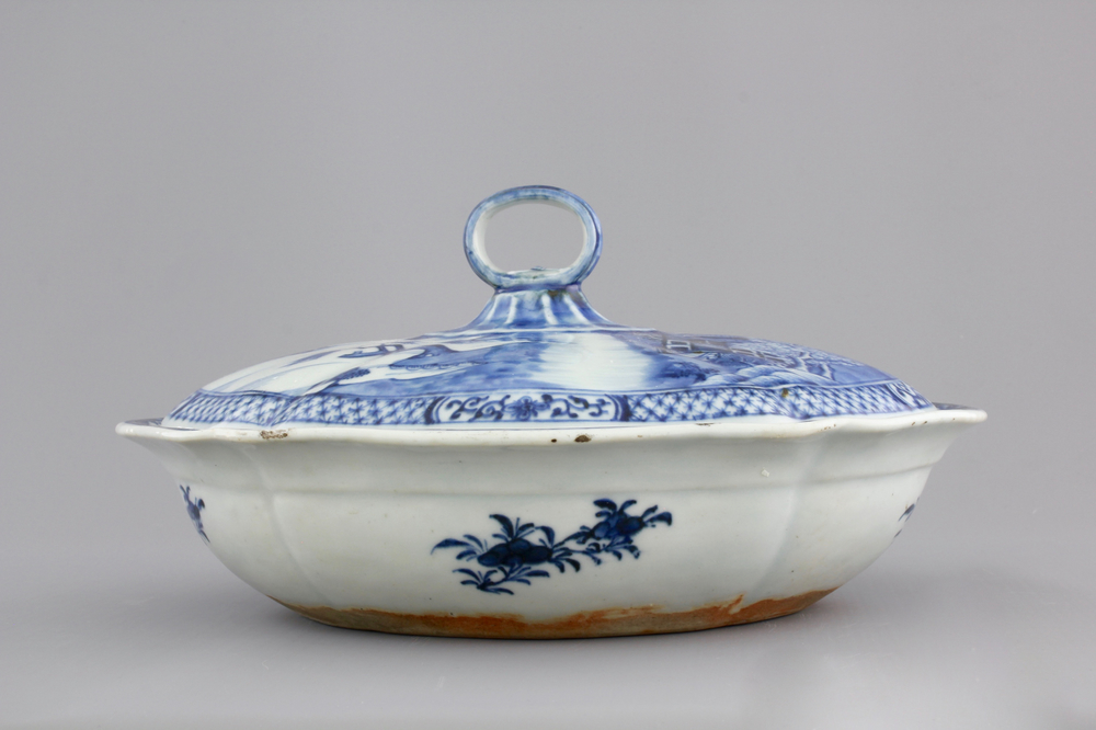 A fine Chinese blue and white lozenge-shaped tureen and cover with a seaside landscape, Qianlong, 18th C.