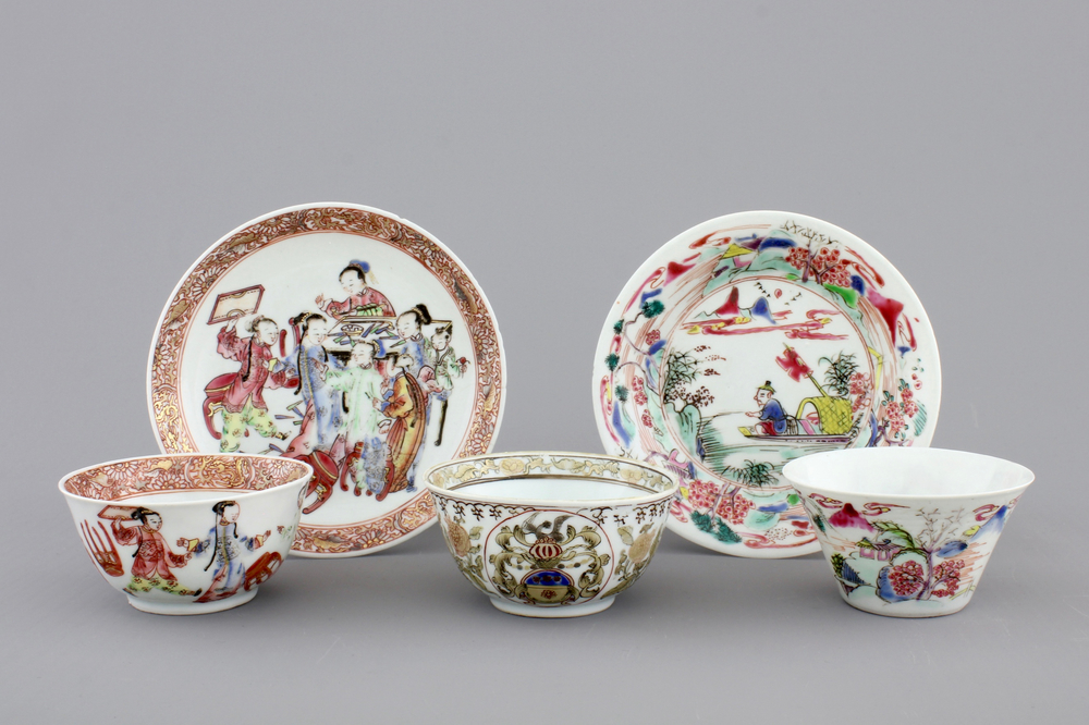 A nice set of three Chinese porcelain cups and two saucers, Yongzheng-Qianlong, 18th C.