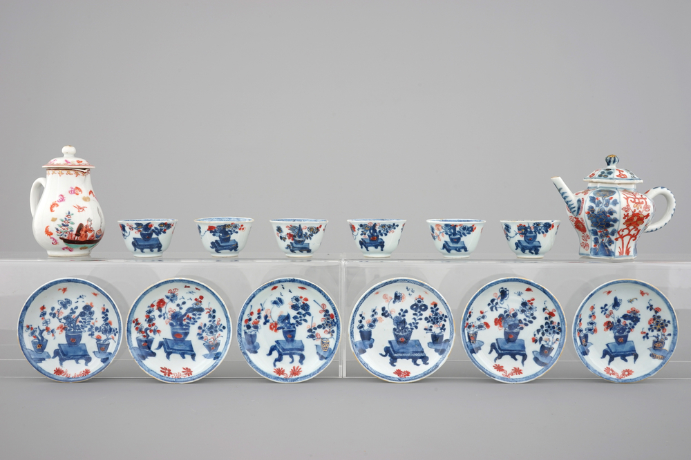 A collection of Chinese imari style cups and saucers with a teapot, and an export porcelain cream jug, 18th C.