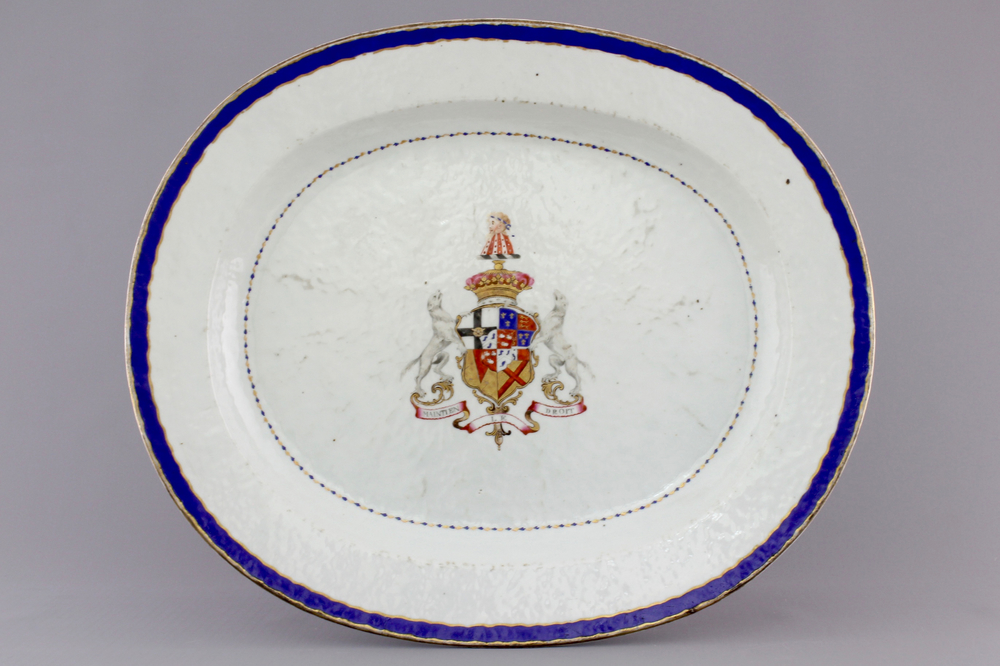 A Chinese export porcelain armorial oval serving dish, arms Brydges with Gamon in Pretence, late 18th C.