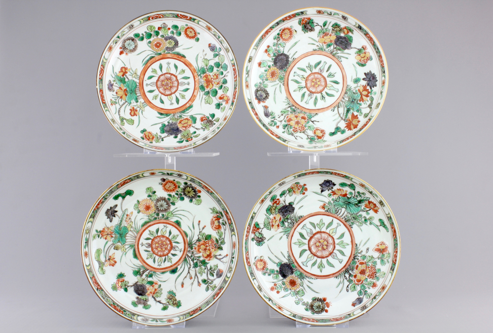A set of four Chinese famille verte porcelain plates with flowers, Kangxi, ca. 1700