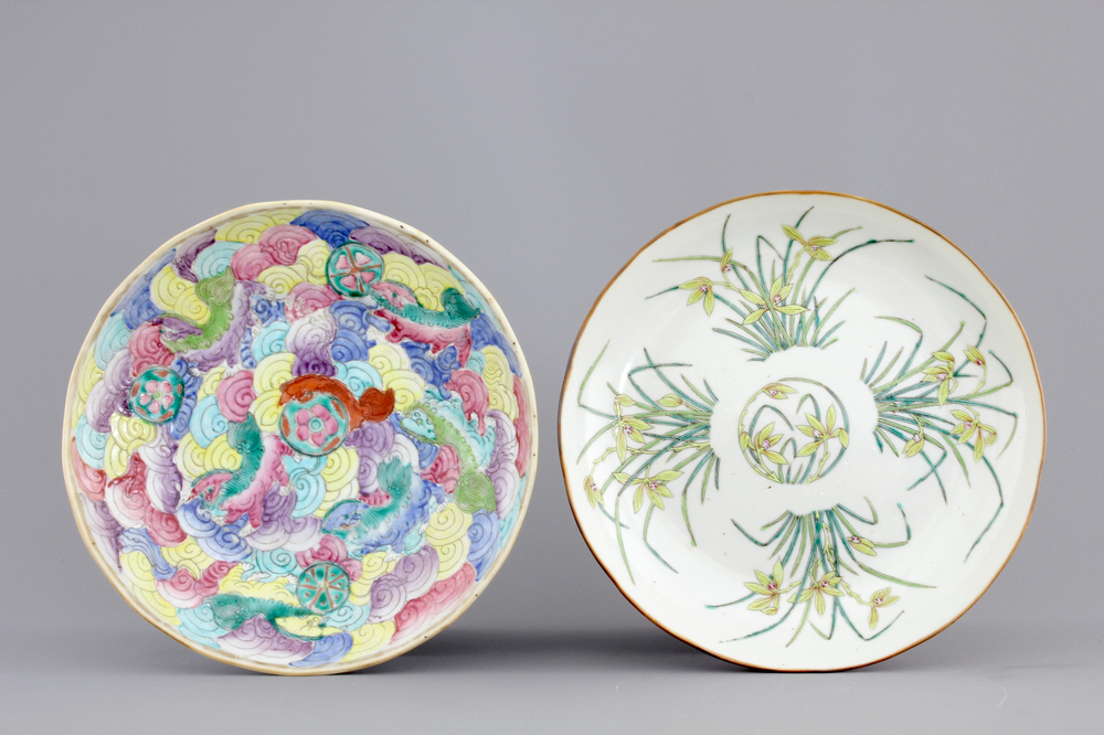 Two rare Chinese famille rose and verte porcelain plates, one with foo dogs, 19th C.