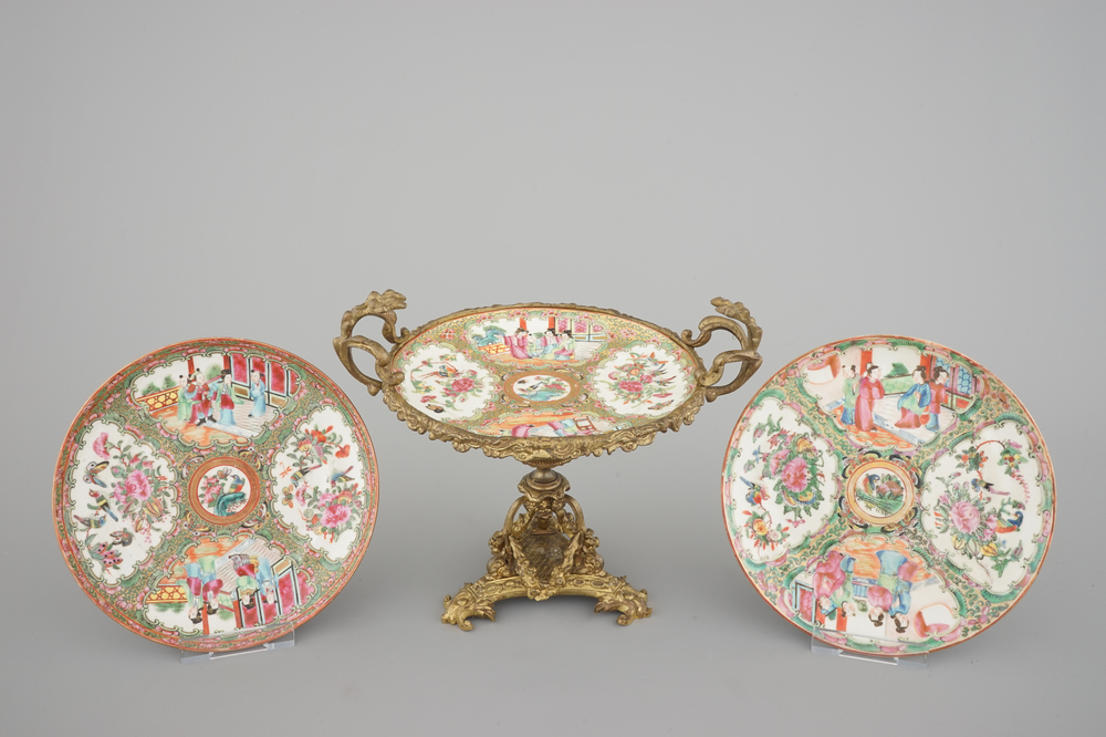 3 Chinese Canton famille rose porcelain plates, one with ormolu mount, 19th C.