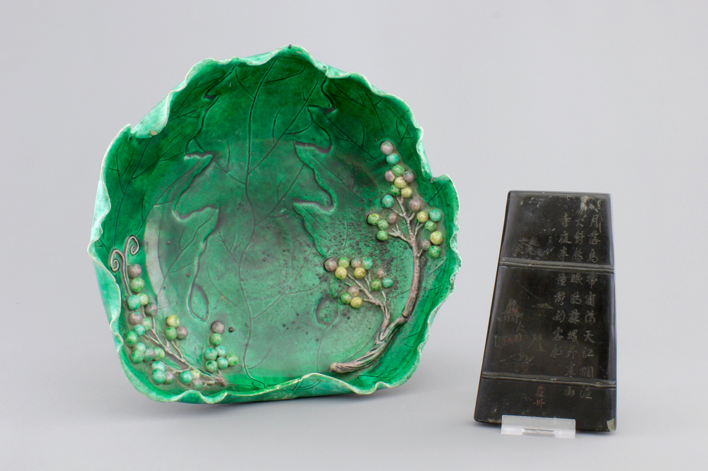 A Chinese porcelain leaf-shaped bowl and an inkstone in case, inscribed, 19th C.