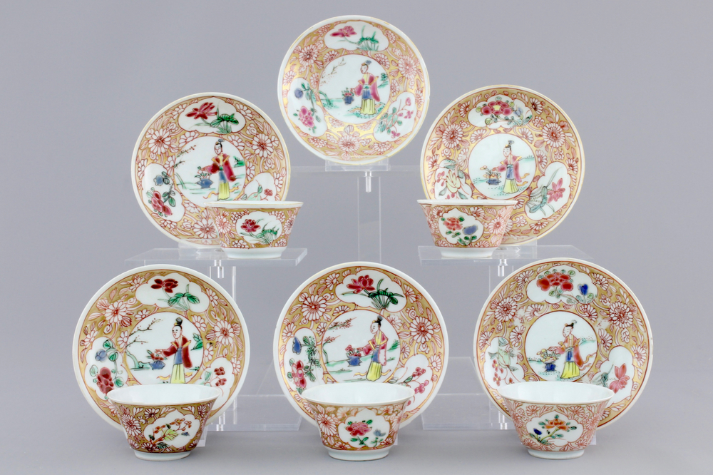 A set of five Chinese famille rose cups and six saucers, Yongzheng-Qianlong, 18th C.