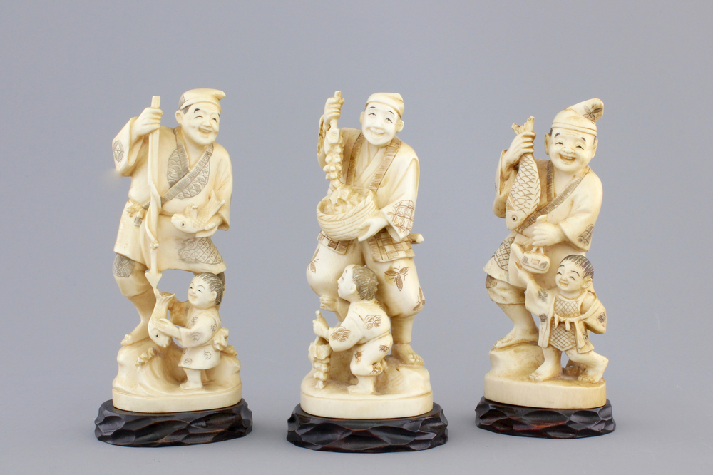 Three Japanese ivory carved okimono of fishermen with their son, Meiji, 19th C.