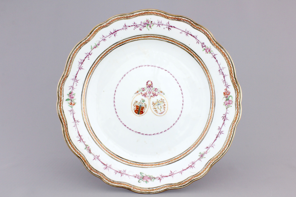 A Chinese export porcelain armorial alliance plate, 18th C.