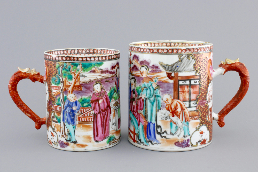 Two Chinese export porcelain mandarin pattern mugs with dragon handles, Qianlong, 18th C.