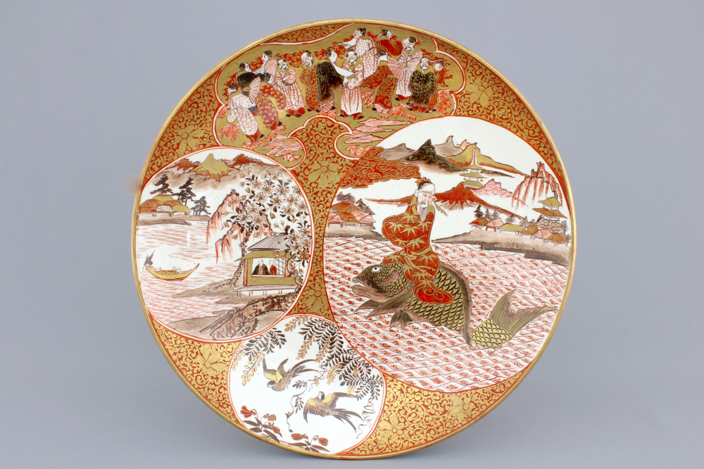 A large Japanese Satsuma porcelain dish with carps, 19th C.