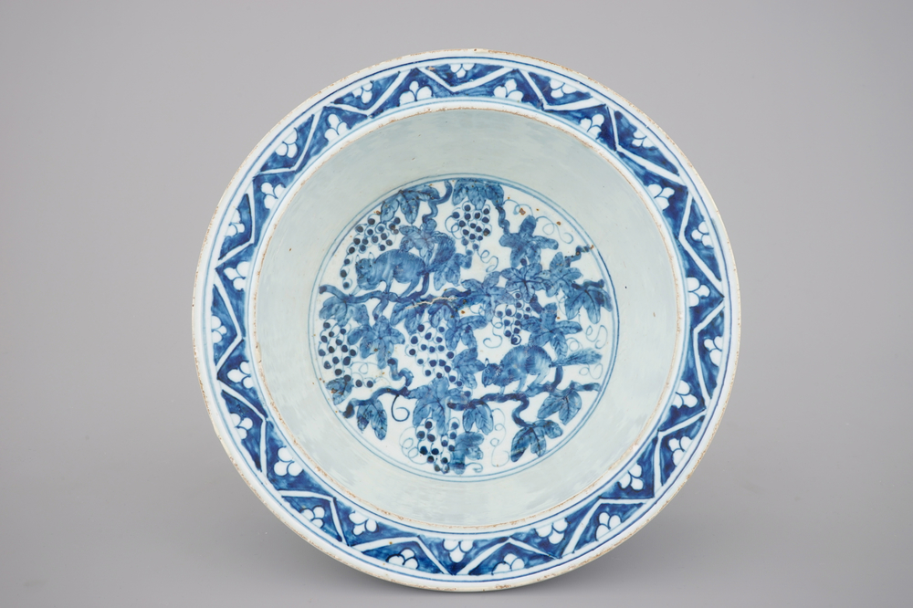 A Chinese blue and white porcelain basin with squirrels among vines, 18th C.