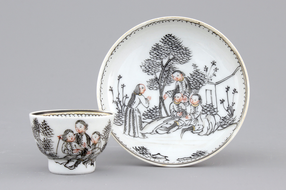 A rare Chinese export porcelain grisaille miniature cup and saucer, 18th C.