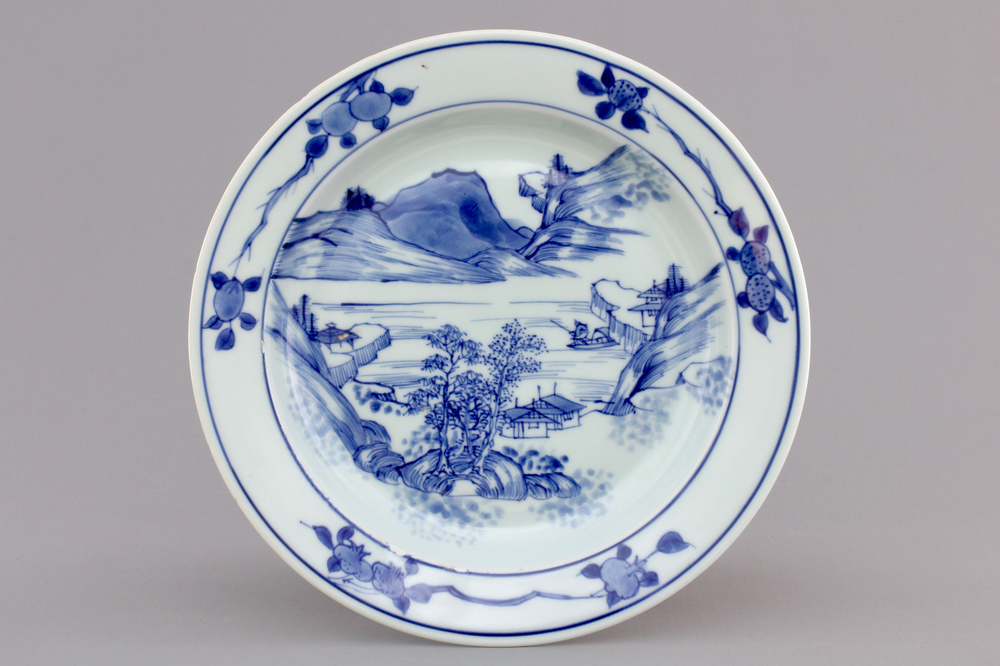 A Chinese blue and white porcelain &quot;Master of the Rocks&quot; plate, Kangxi, ca. 1670