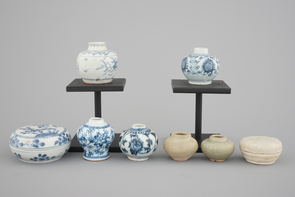 A collection of 8 small blue and white and celadon-glazed jarlets and boxes, Ming Dynasty