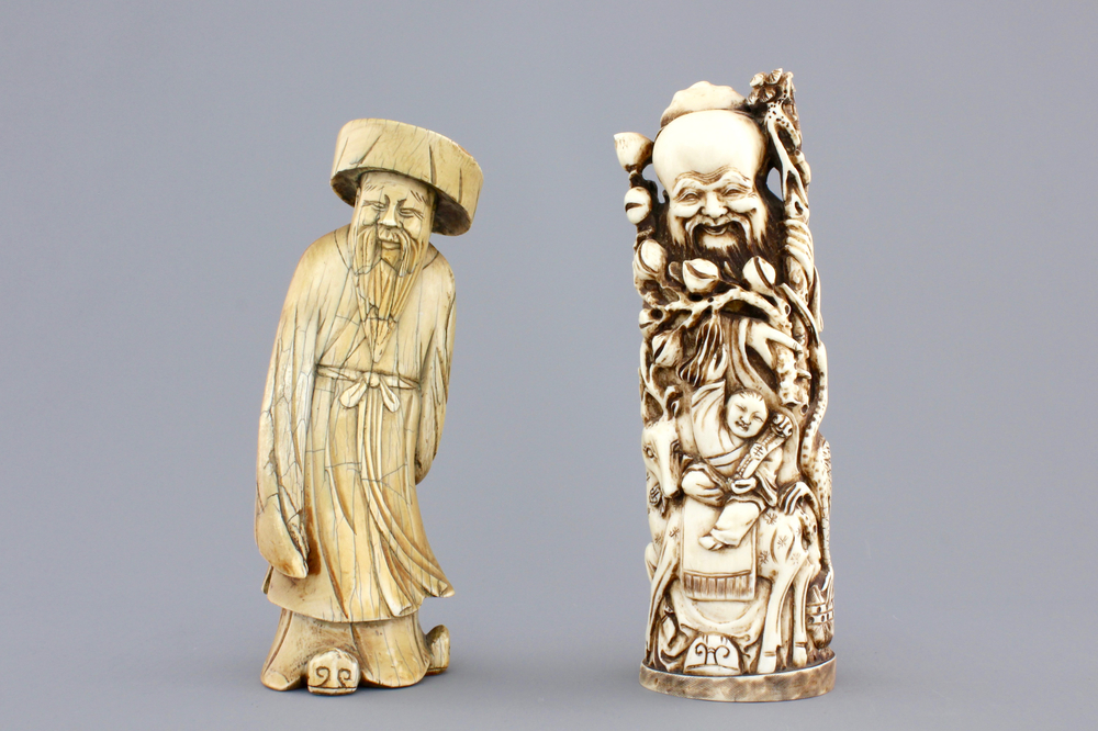 Two Chinese carved ivory figures, one of Shou Lao, 19th C.