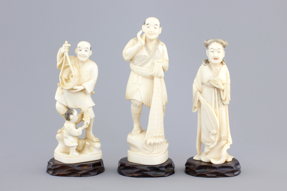 Three Japanese ivory carved okimono, Meiji, 19th C.