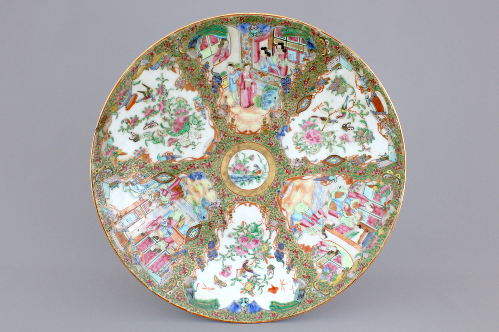A Chinese porcelain famille rose Canton dish, 19th C.