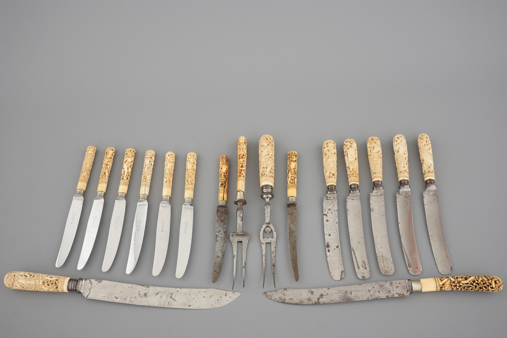 A collection of carved ivory handled cutlery, probably India, 19th C.