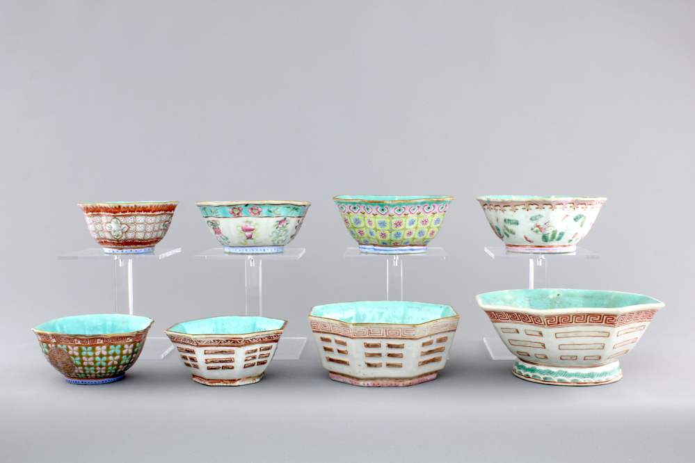 A set of eight Chinese porcelain bowls, with a nesting set of 3 with trigrams, 19th C.