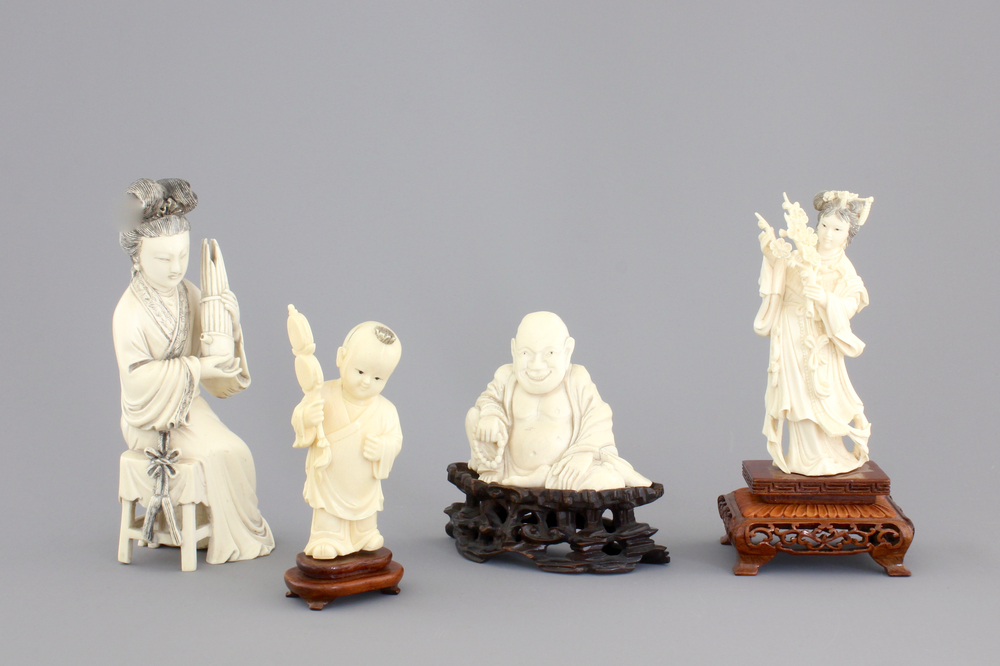 Four fine Chinese carved ivory figures, 19th and early 20th C.