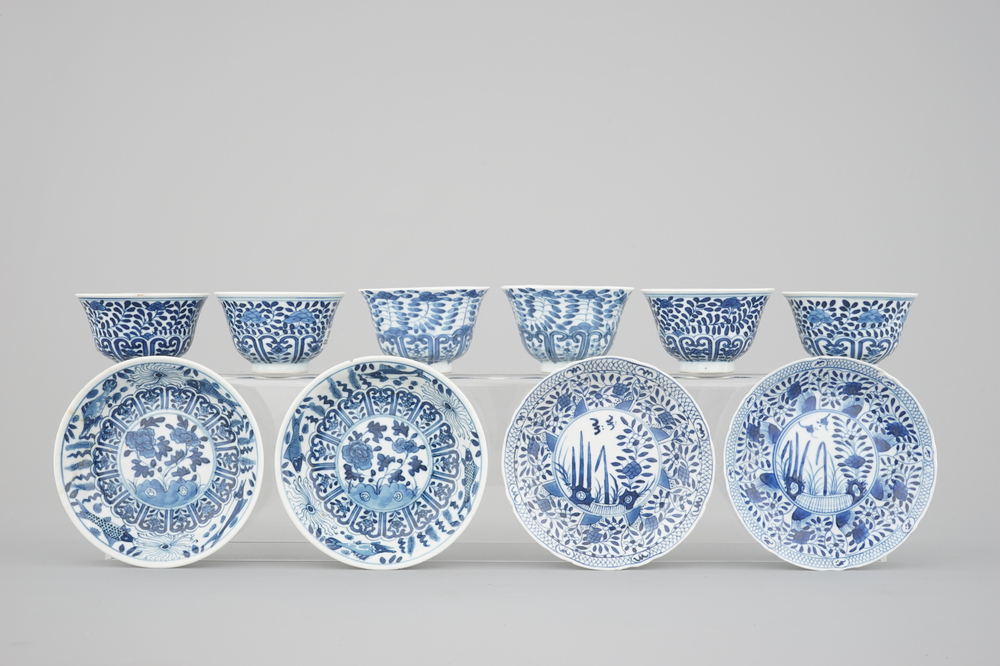 6 Chinese blue and white porcelain cups and 4 saucers, 19th C.