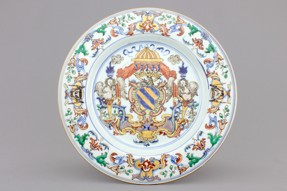 A large Portuguese market Chinese porcelain verte-imari armorial plate, ca. 1720