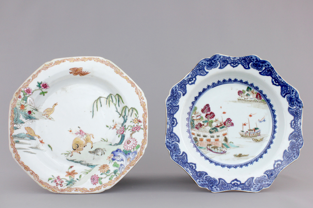 Two fine Chinese famille rose octagonal export plates, Qianlong