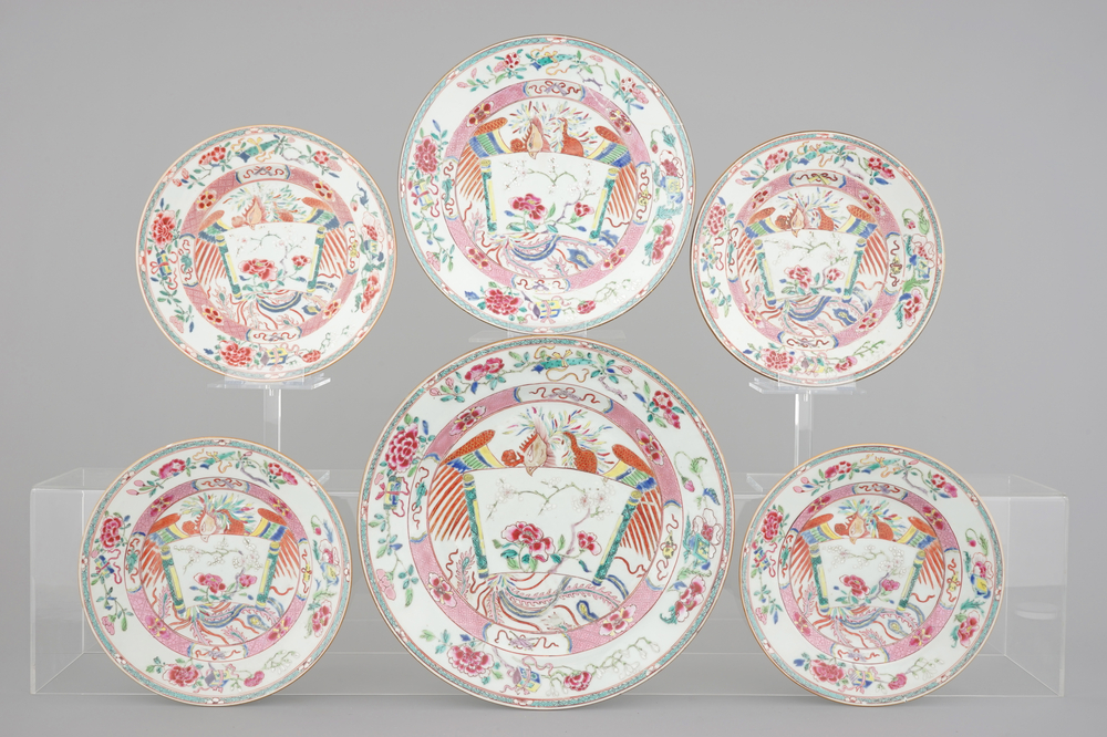 A set of 6 large Chinese famille rose export porcelain plates with phoenix with scroll design, Qianlong, 18th C.