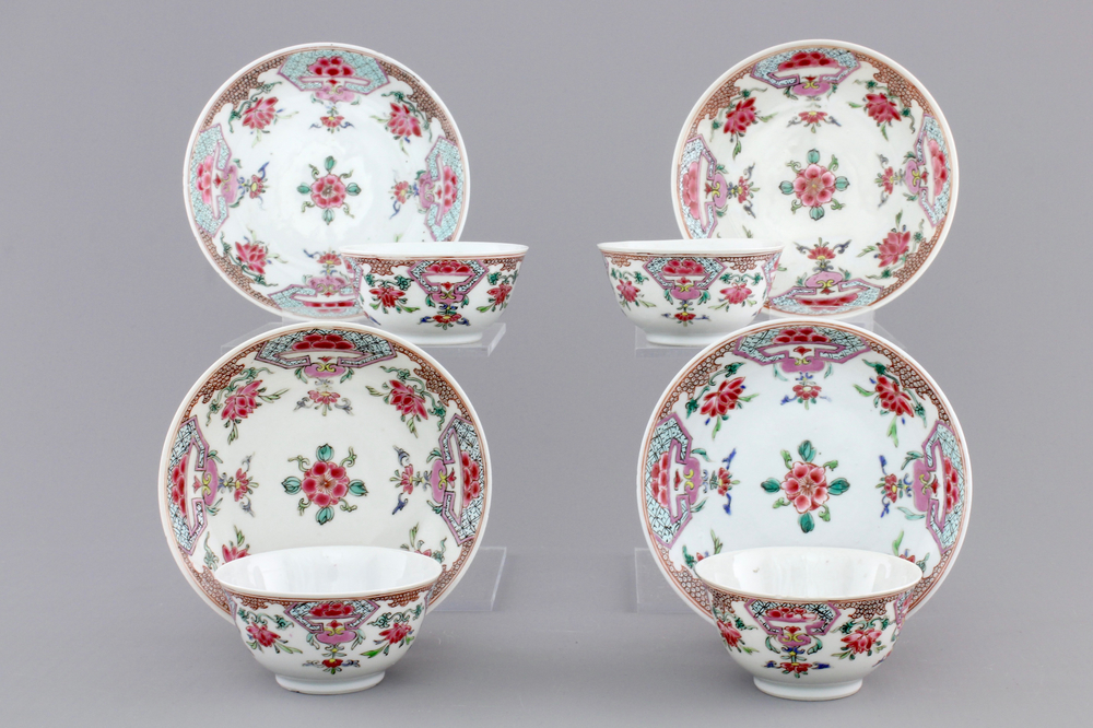 A set of four Chinese famille rose export porcelain cups and saucers, Yongzheng/Qianlong, 18th C.