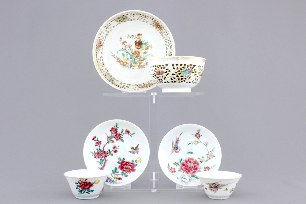 Three Chinese porcelain famille rose cups and saucers, Yongzheng-Qianlong, 18th C.