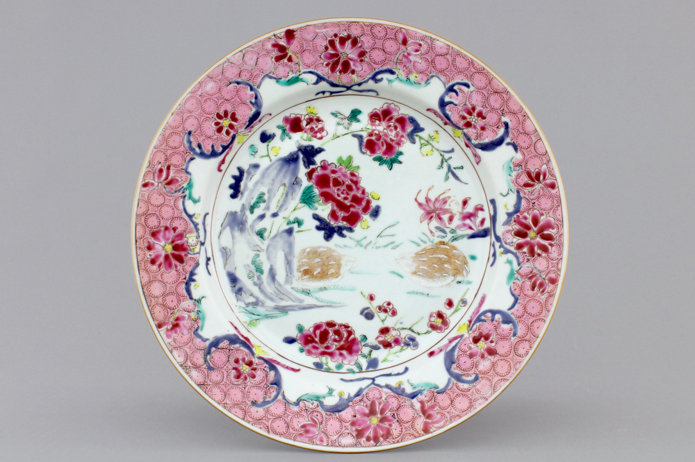 A Chinese famille rose export porcelain quails plate, Qianlong, 18th C.
