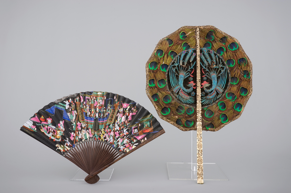 A Chinese ivory-handled kingfisher and peacok feather Mandarin handscreen and a paper fan, 19th C.