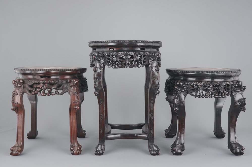 Three carved Chinese wood marble top vase stands, 19/20th C.