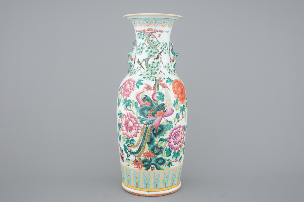 A tall Chinese famille rose vase with birds, 19th C.