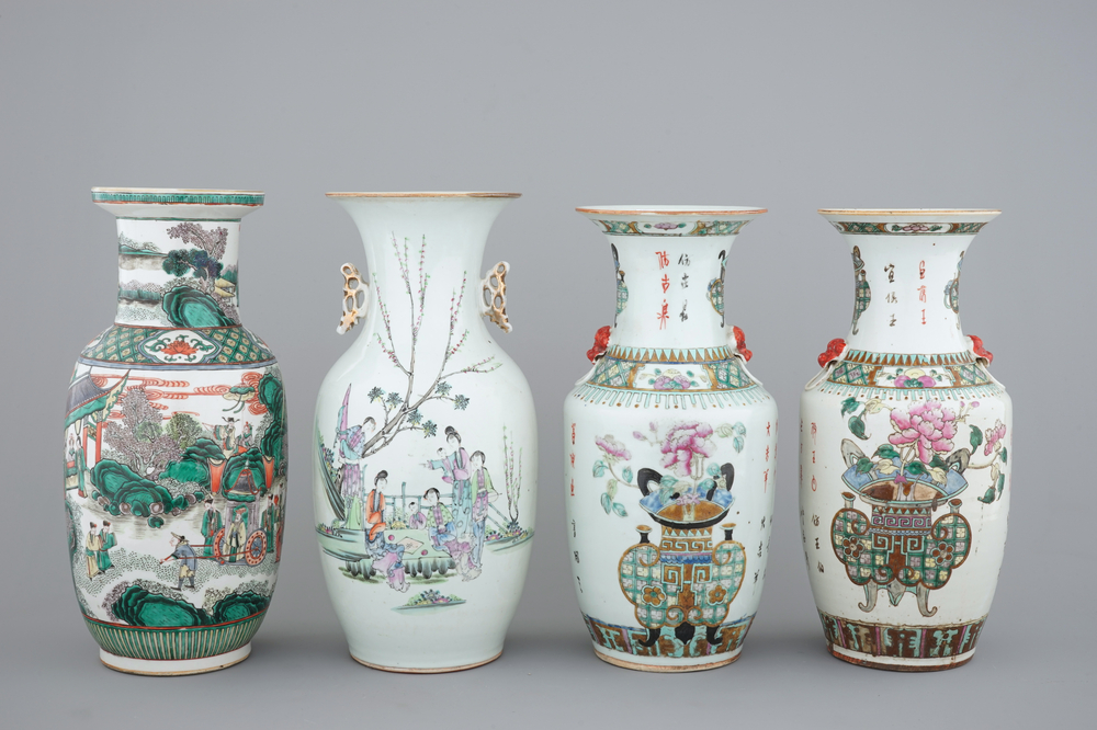 A set of four Chinese famille verte and wucai vases, 19th C.