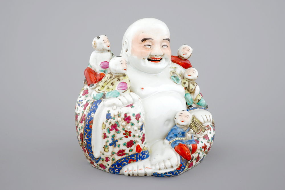 A Chinese famille rose Buddha Hotei with children, 19/20th C.
