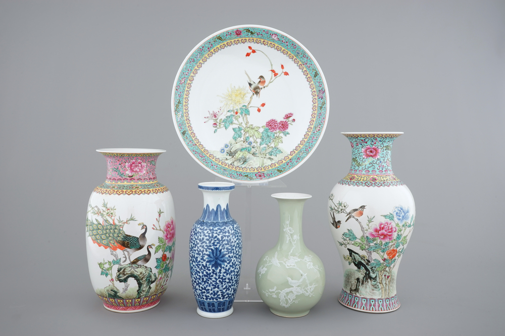 A group of 20th C. Chinese Jingdezhen porcelain: a dish and four vases