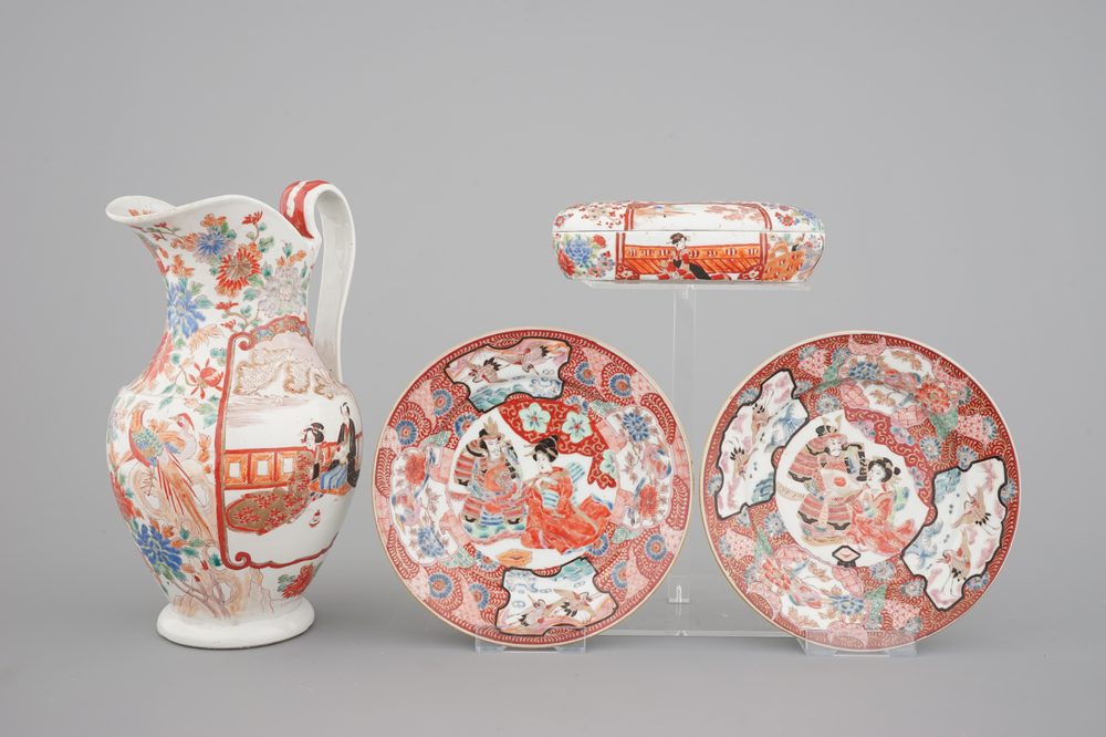 A Japanese Arita porcelain jug, a soap box and two plates, 19th C.
