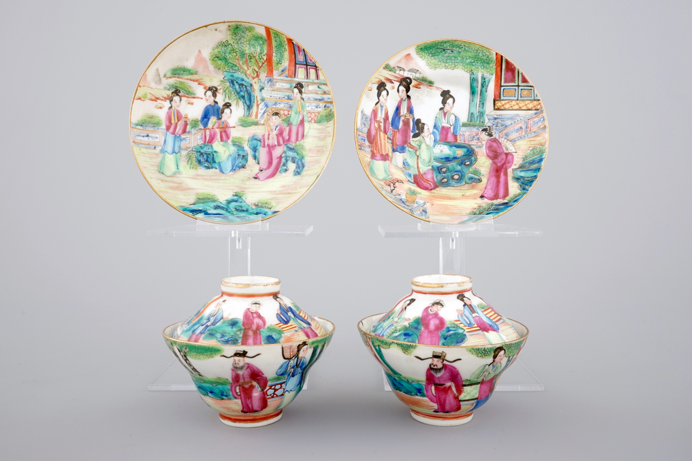 A pair of Chinese Canton famille rose cups, saucers and covers, Daoguang, 19th C.
