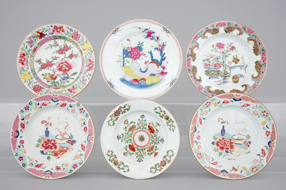 A set of six Chinese famille rose and verte porcelain plates, Kangxi-Qianlong, 18th C.