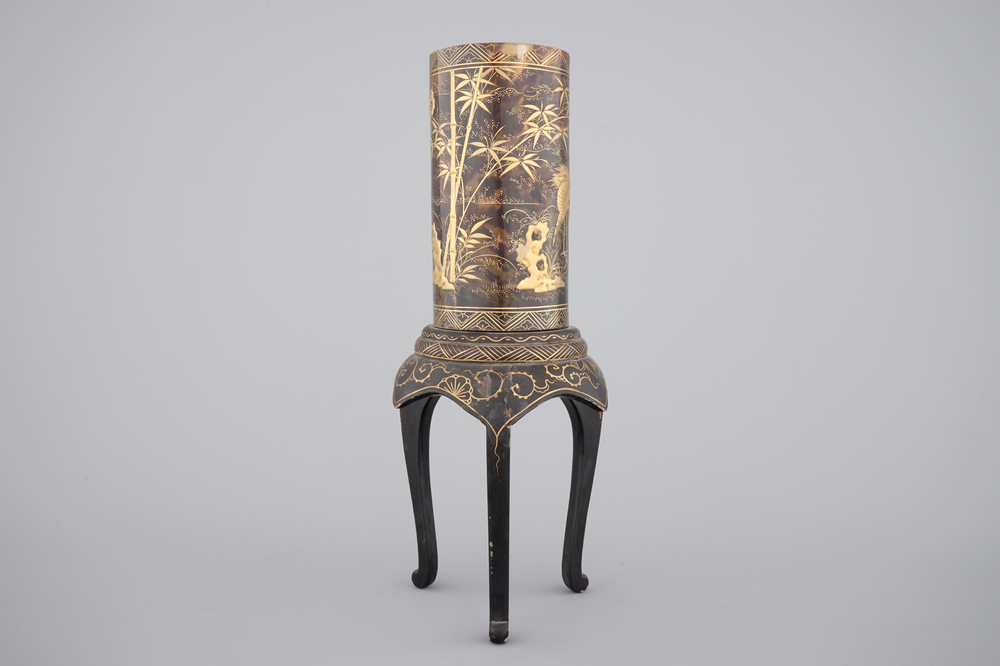 A tall Japanese gold-lacquered tortoise shell brush pot on tripod stand, Meiji, ca. 1880