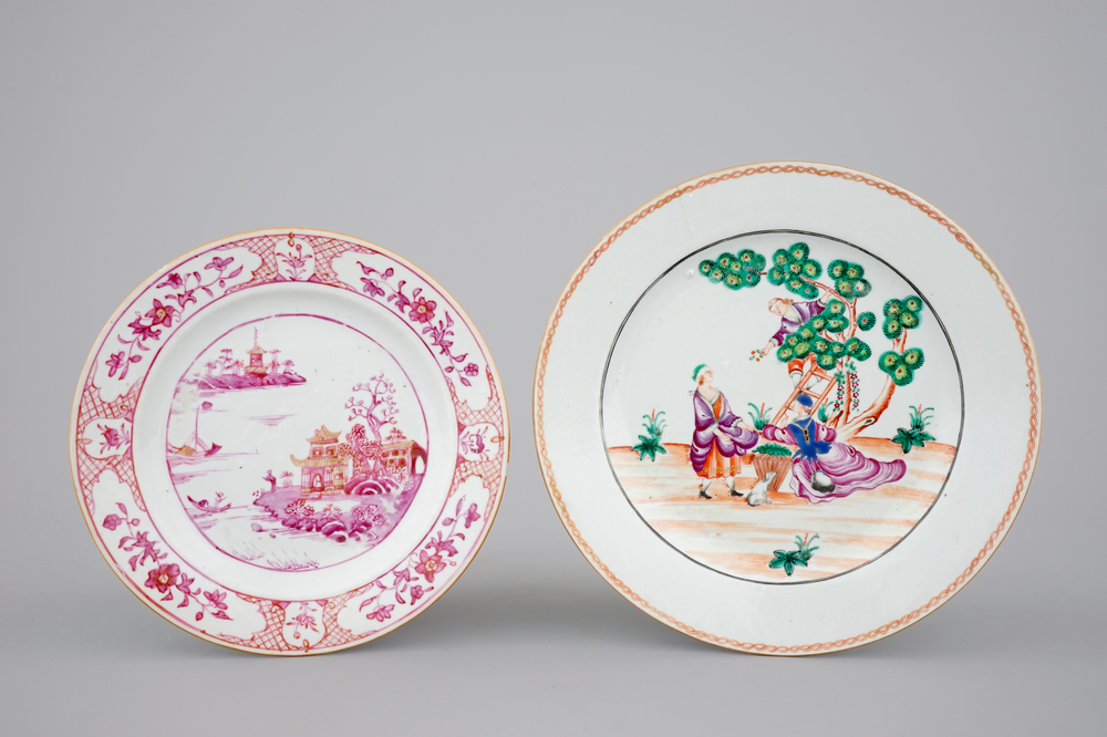 A Chinese export Cherrypickers plate, 18th C. and a pink and gilt landscape plate, 18th C.