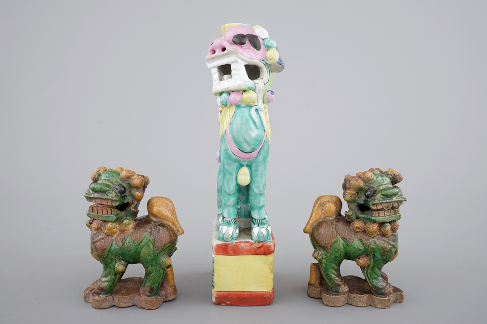 Three Chinese porcelain polychrome foo dogs, the verte biscuit pair, 18th, the other 19th C.