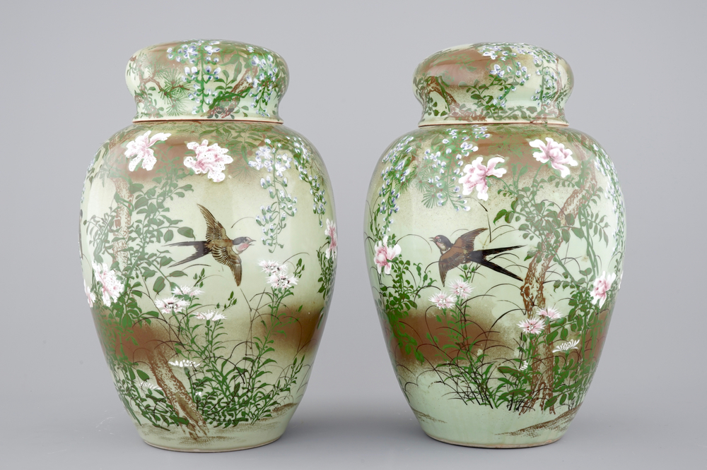 A tall pair of Japanese celadon-ground vases with covers, ca. 1880