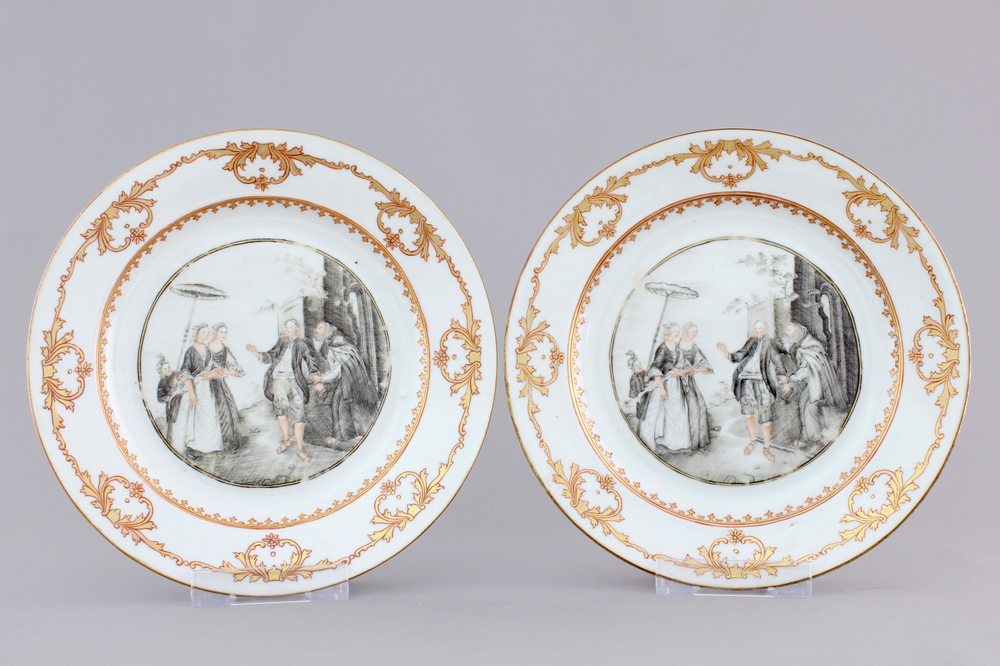 A pair of Chinese export porcelain grisaille and gilt plates, Qianlong, 18th C.