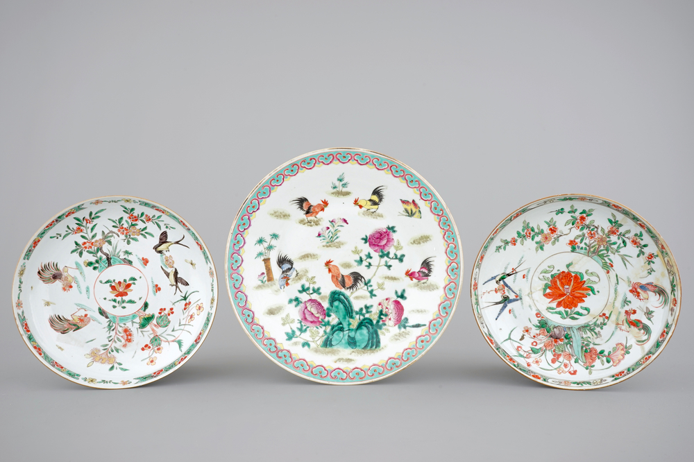 Three Chinese porcelain dishes with cockerels, Kangxi famille verte and 19th C. famille rose