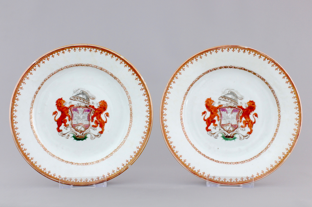 A pair of Chinese export porcelain armorial plates, 18th C.