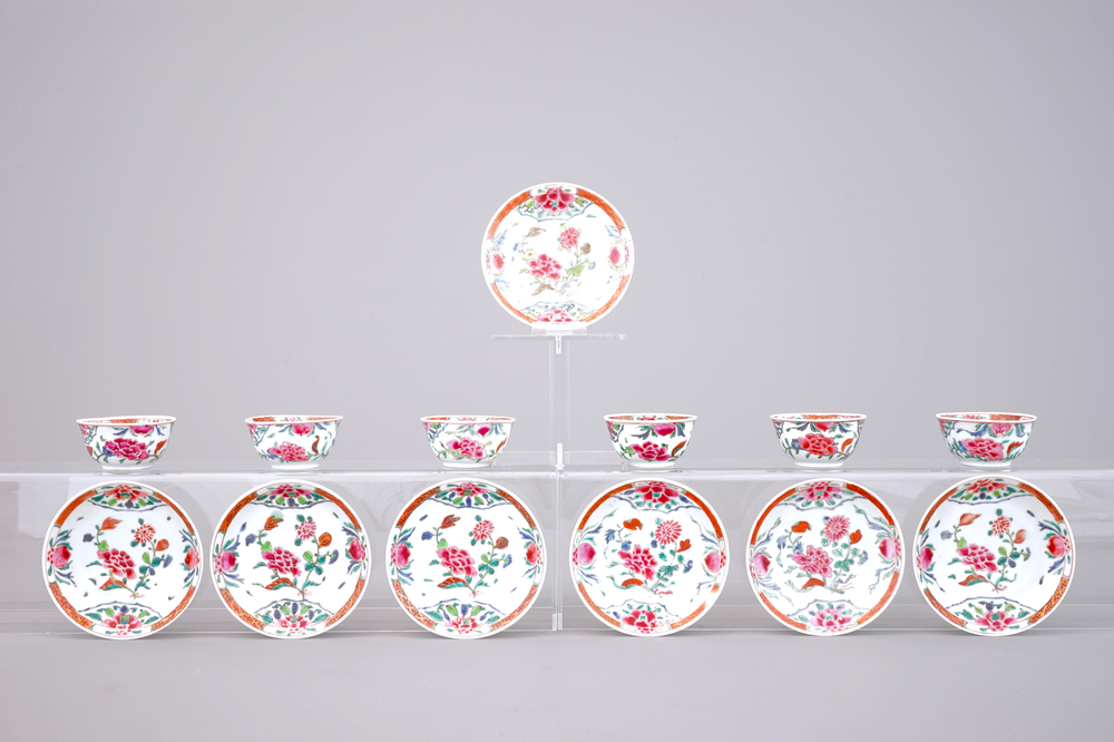Six fine Chinese famille rose cups and seven saucers, Qianlong, 18th C.