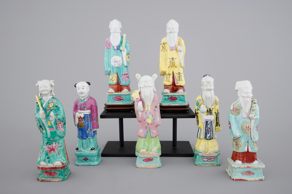 A nice group of 7 Chinese porcelain figures of immortals, 19th C.